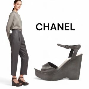 Authentic Chanel luxury designer signature leather platform wedge sandals sz 9.5